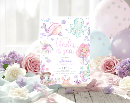Mermaid Birthday Invitation Template, editable Canva template