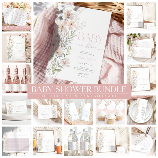 Baby in Bloom baby shower bundle with matching invitation, games and decor templates