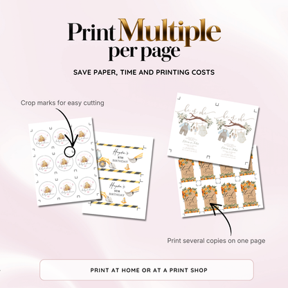 Print multiple per page: printable party templates with crop marks, several copies on one sheet to print at home or at a print shop.