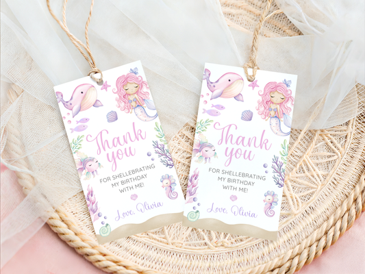 Editable mermaid birthday favor tags with under the sea design
