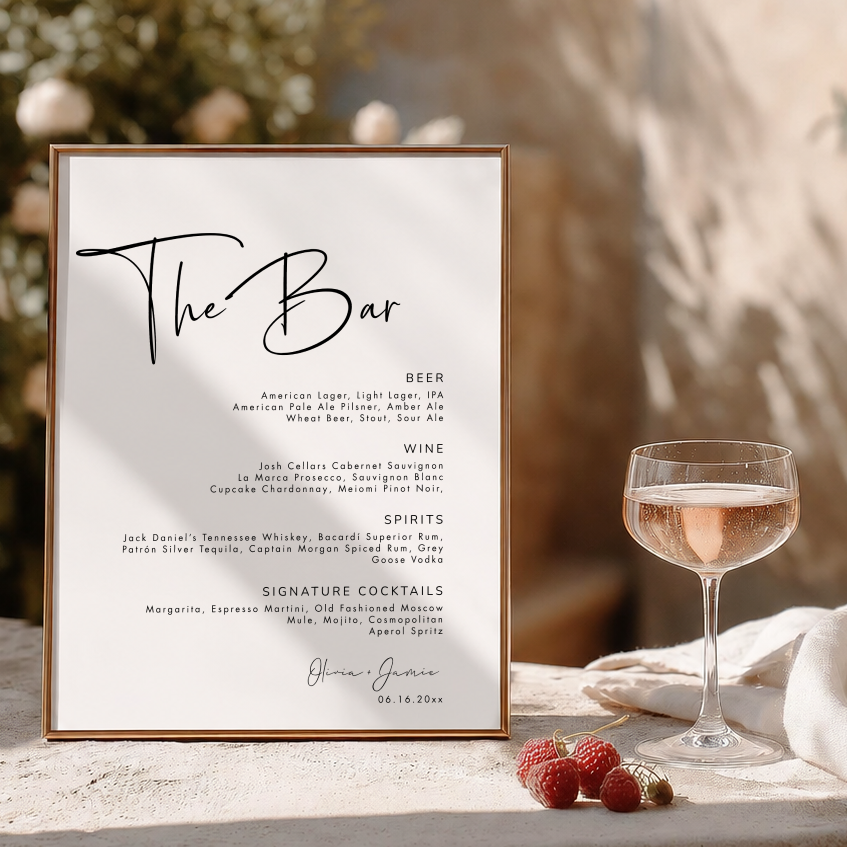 Minimalist Wedding Bar Sign | Elegant Script, editable Canva template