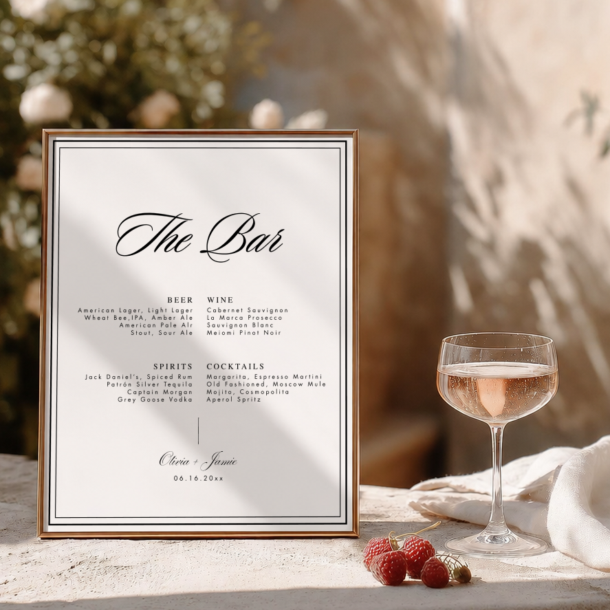 Minimalist Wedding Bar Menu Sign | Double Border, editable Canva template
