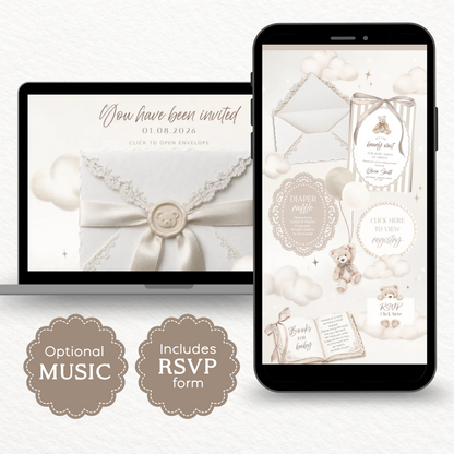 Beige teddy bear baby shower website invitation shown on a laptop and phone