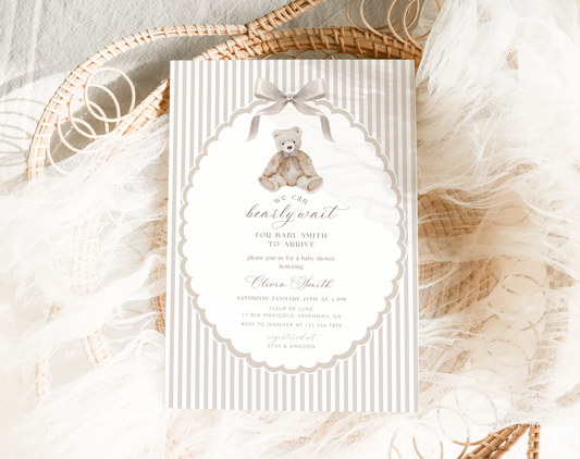 We Can Bearly Wait Baby Shower Invitation, editable Canva template