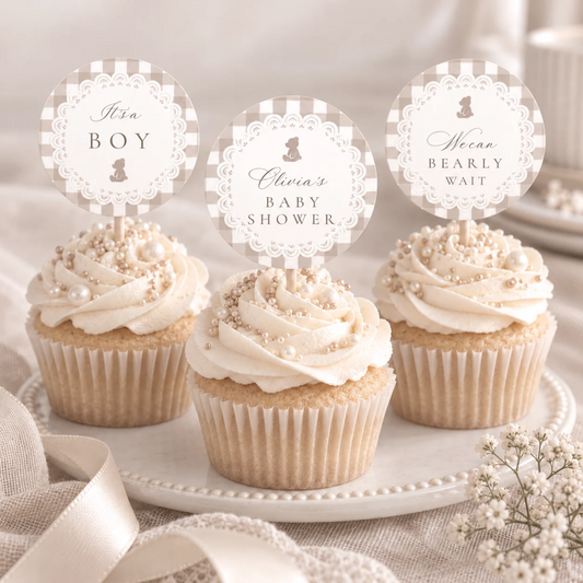 Three teddy bear gingham baby shower cupcake toppers on vanilla cupcakes: It's a Boy, name Baby Shower and We Can Bearly Wait