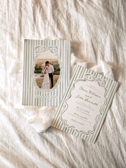 Sage Green Bow Wedding Invitation Set | Editable Canva Templates
