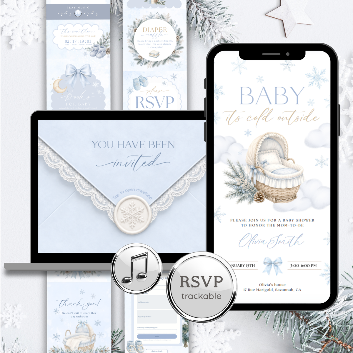 Baby It's Cold Outside baby shower website invitation with a light blue envelope, snowy bassinet design and mobile preview.