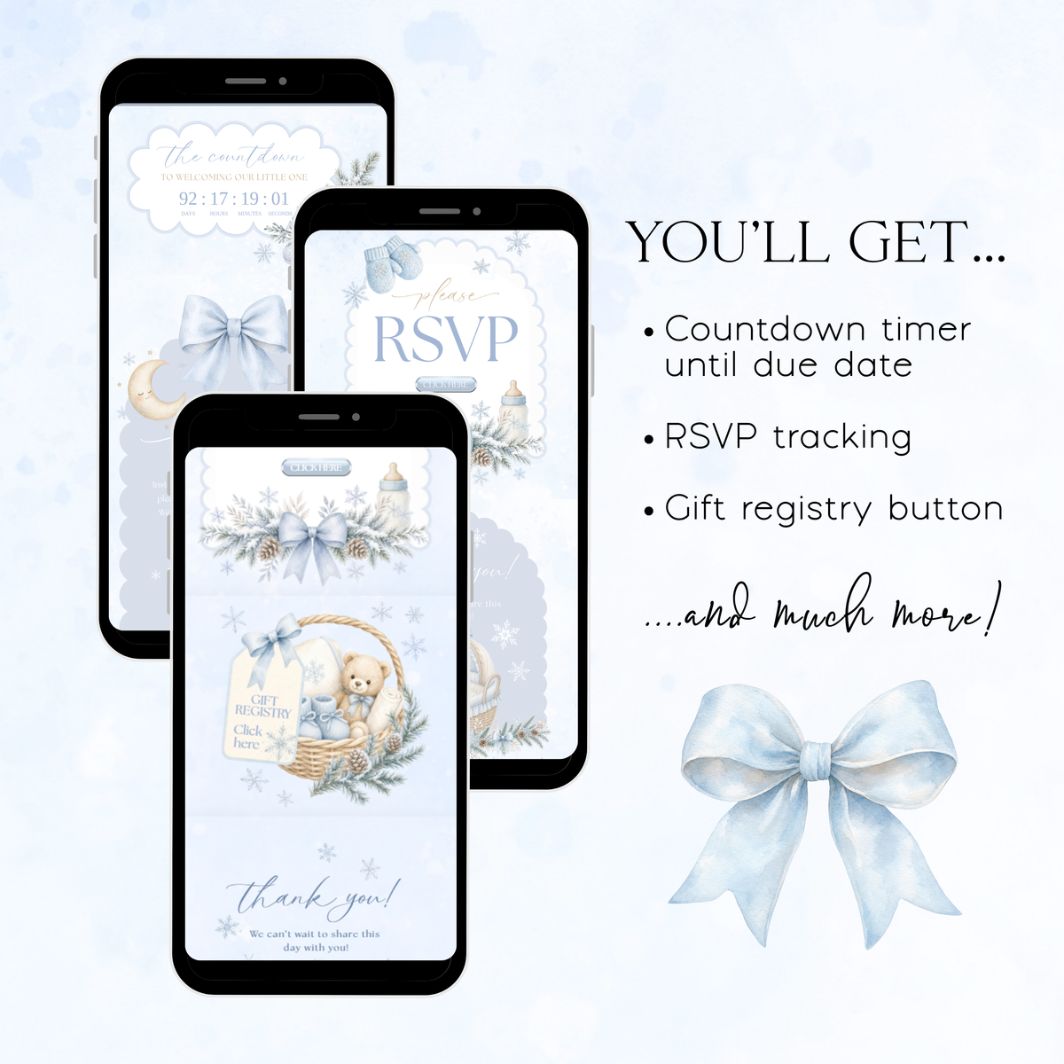 Light blue winter baby shower website on phones showing RSVP tracking, a gift registry button and countdown to the due date.