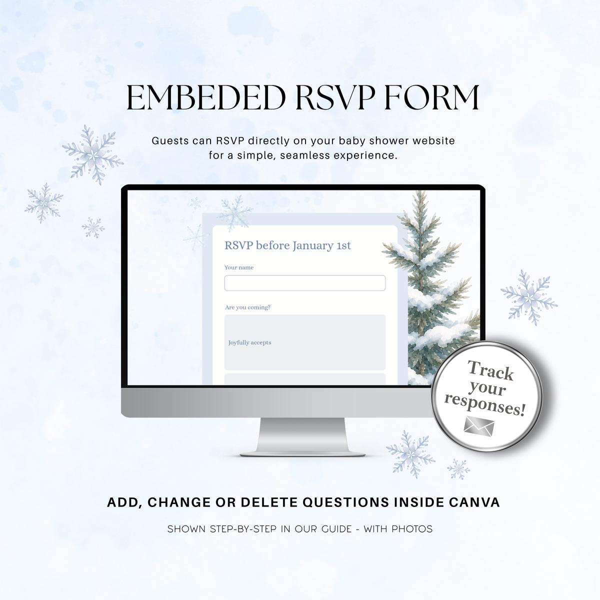 Built-in Canva RSVP form for the winter baby shower website, with editable questions and response tracking.