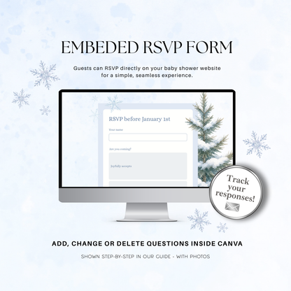 Built-in Canva RSVP form for the winter baby shower website, with editable questions and response tracking.