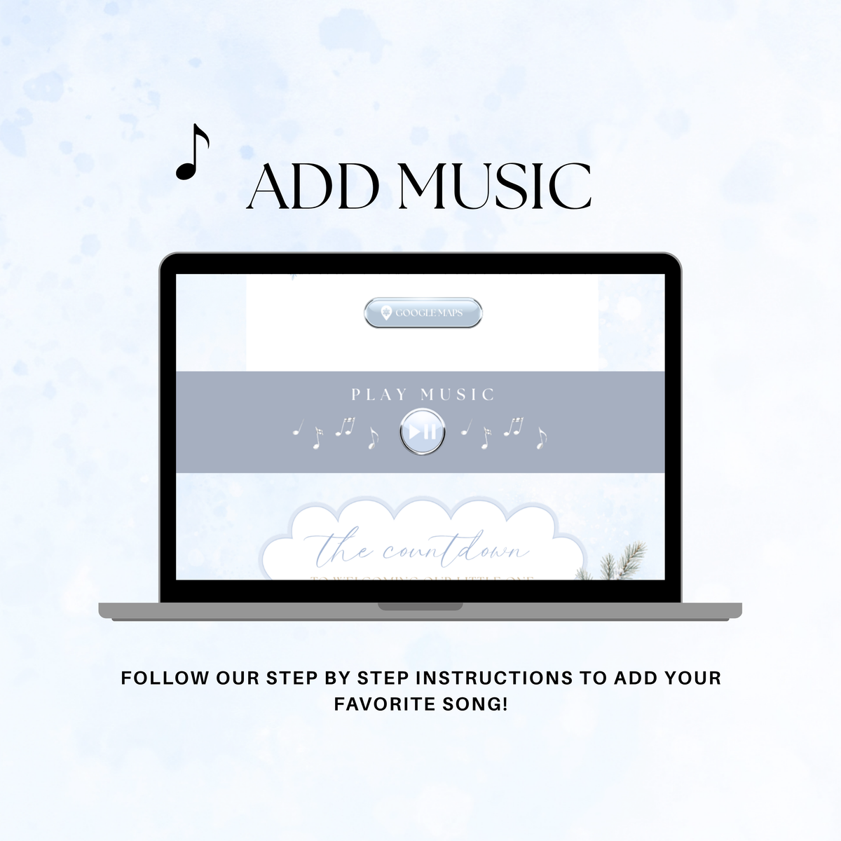 Optional music section of the snowy light blue baby shower website, shown on a laptop.