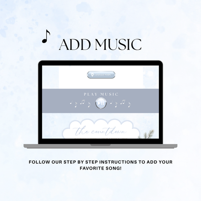 Optional music section of the snowy light blue baby shower website, shown on a laptop.