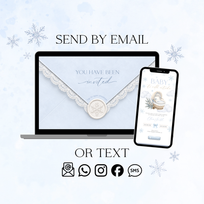 Baby It's Cold Outside website invitation shown on a computer and phone, ready to share by email or text.