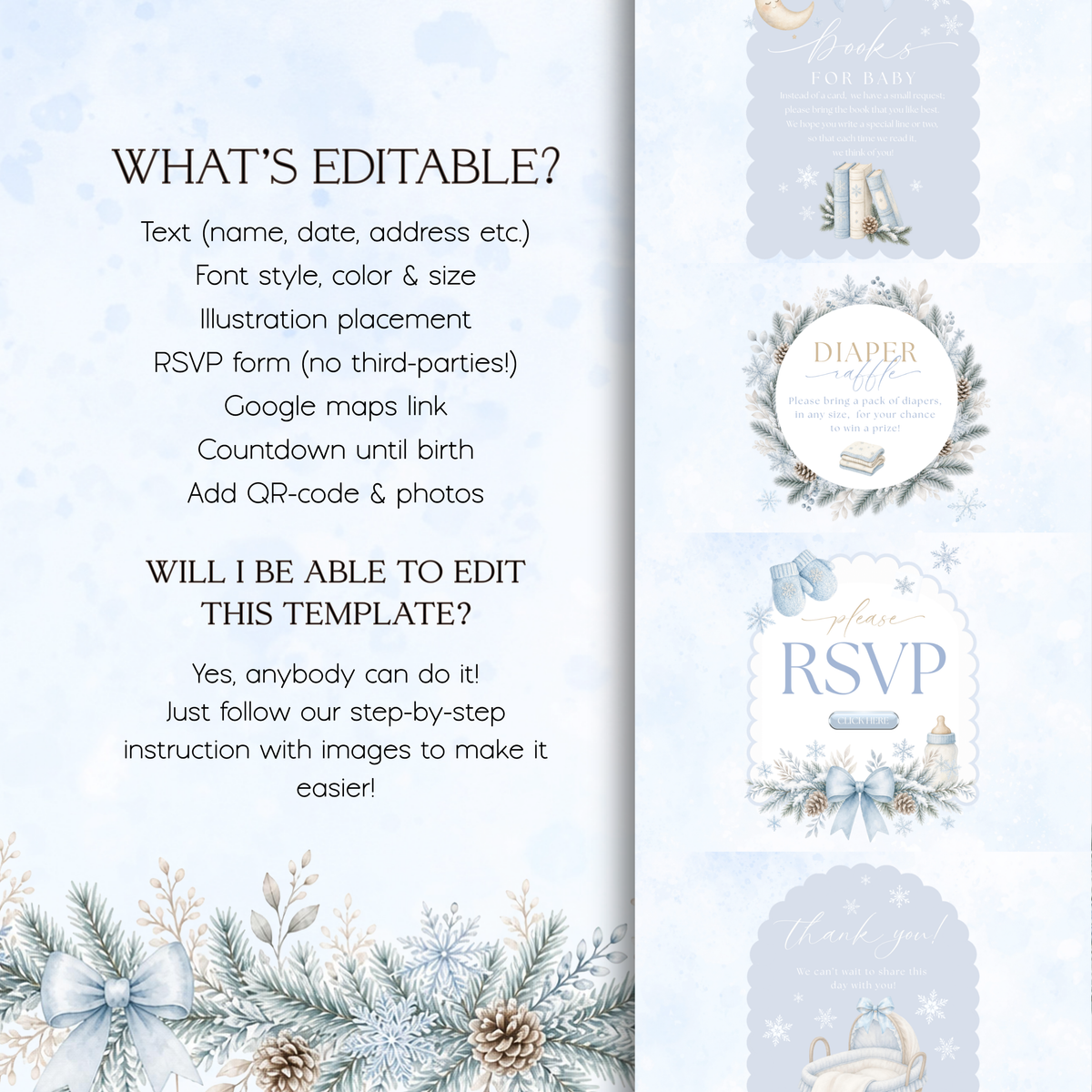Editable Canva website options beside winter-themed Books for Baby, diaper raffle and RSVP sections.