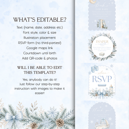 Editable Canva website options beside winter-themed Books for Baby, diaper raffle and RSVP sections.