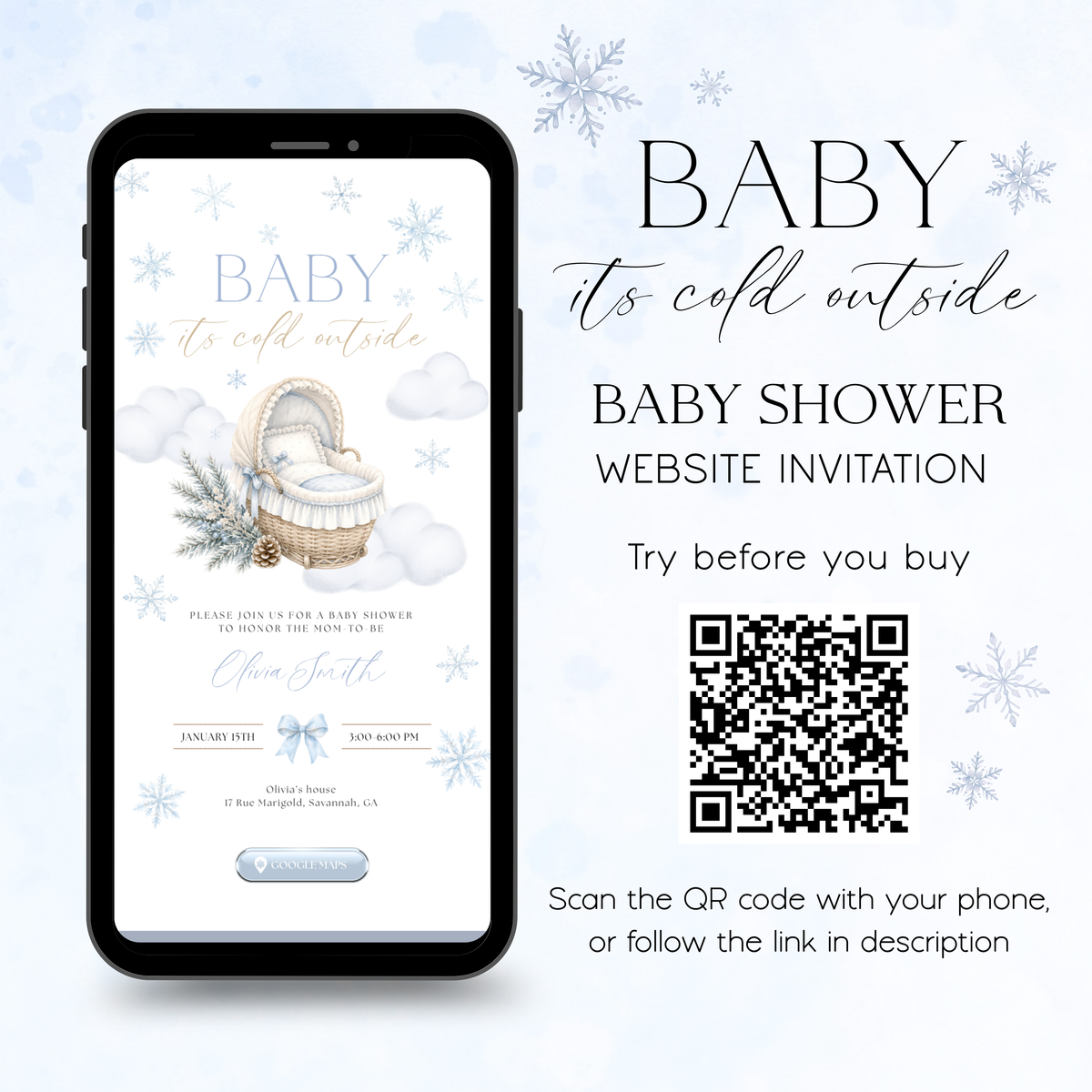 Light blue Baby It's Cold Outside invitation with a snowy bassinet on a phone, beside a QR code for the website demo.