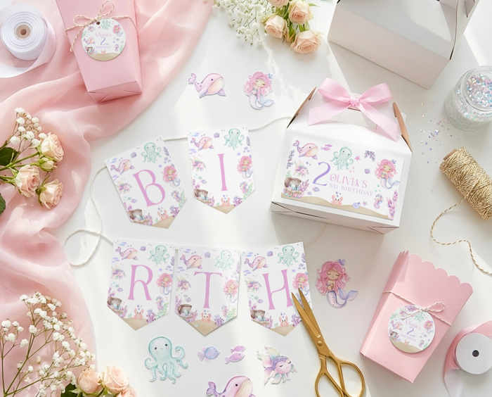 Printable birthday decorations, cake toppers and thank-you tags