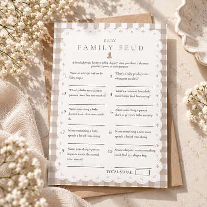 Free printable Baby Family Feud game with a teddy bear and beige gingham lace frame