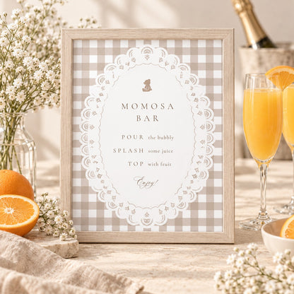 Free printable Momosa Bar sign with a teddy bear and beige gingham in a wood frame