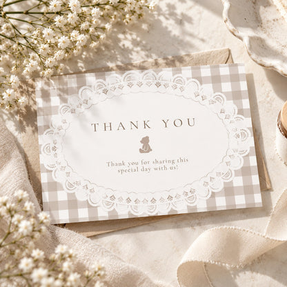 Free baby shower thank you card with a teddy bear, white lace doily and beige gingham