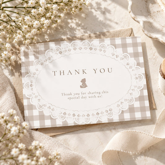 Free baby shower thank you card with a teddy bear, white lace doily and beige gingham