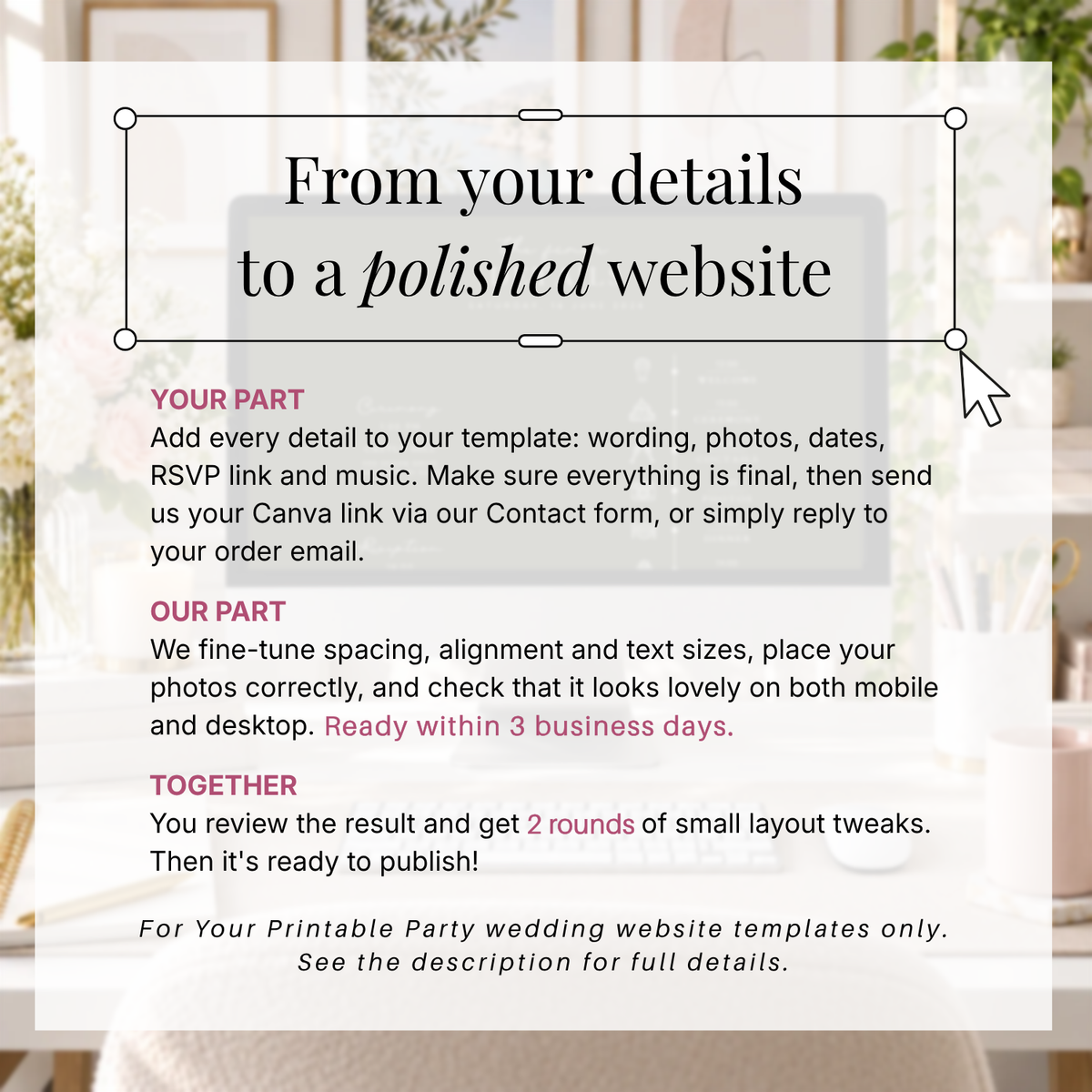 How the wedding website polish service works: add your details, send your Canva link through the contact form, ready within 3 business days with 2 rounds of tweaks