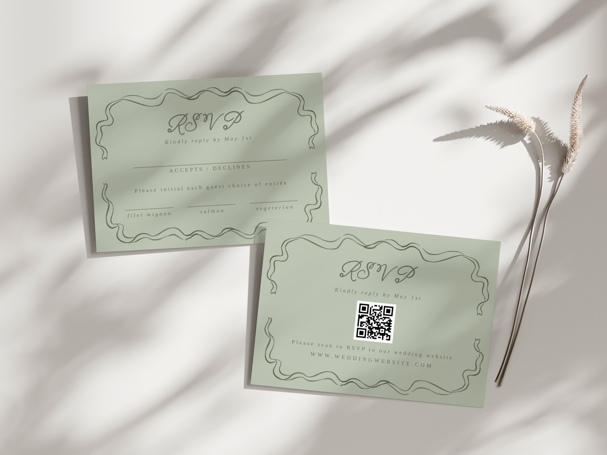Sage Green Bow Wedding Invitation Set | Editable Canva Templates