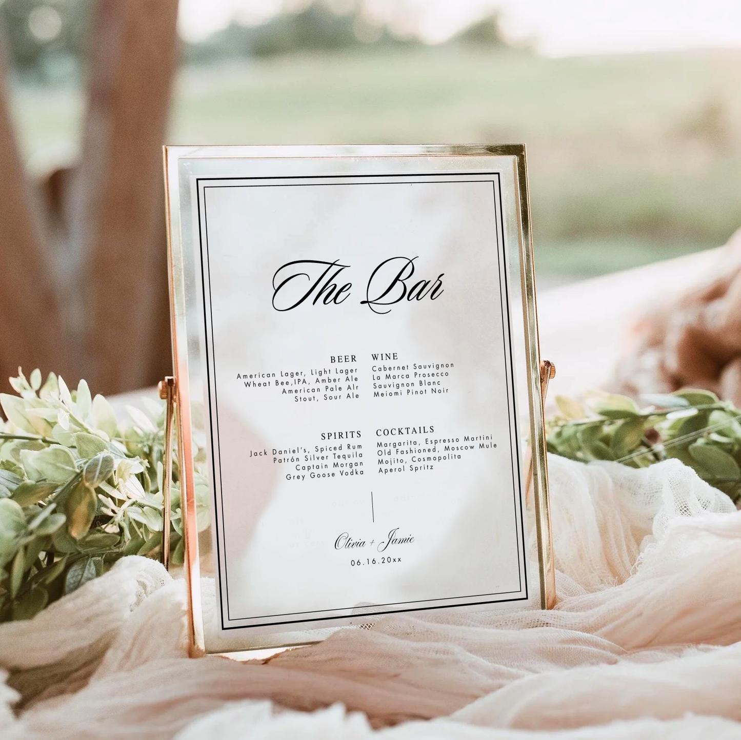 Minimalist Wedding Bar Menu Sign | Double Border, editable Canva template