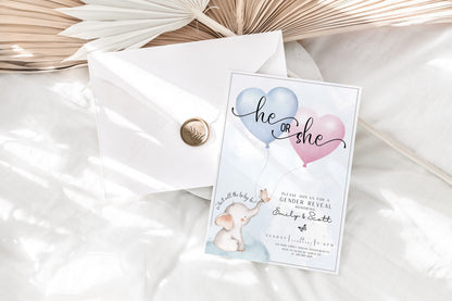 Pink and blue baby elephant gender reveal invitation with balloons