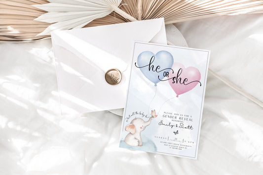 Pink and blue baby elephant gender reveal invitation with balloons