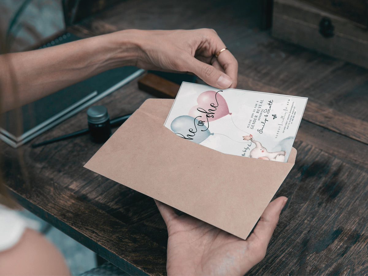 Preview of pink and blue baby elephant gender reveal invitation with balloons