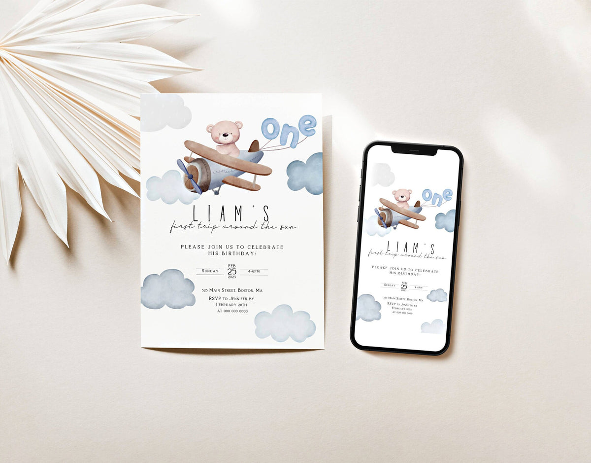 Invitation - Teddy Bear 1st Birthday Boy, editable Canva template