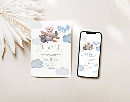 Invitation - Teddy Bear 1st Birthday Boy, editable Canva template