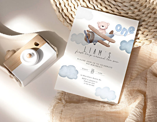 Editable Canva 1st birthday boy invite to print or send digitally