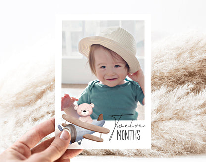 Teddy bear 1st birthday monthly milestone photo cards editable Canva template