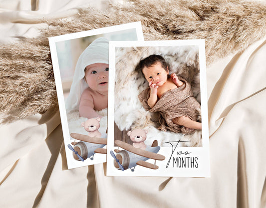 Teddy bear 1st birthday monthly milestone photo cards printable design preview