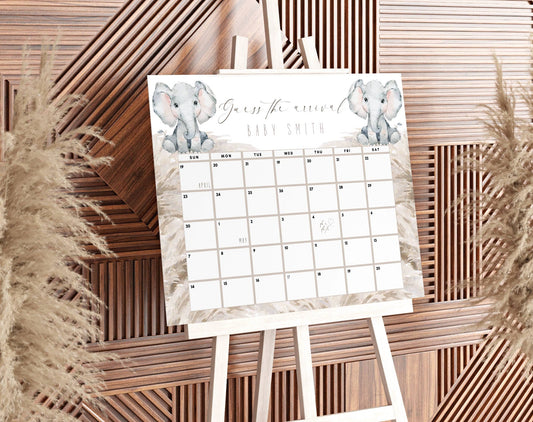 Boho Elephant Baby Shower Due Date Calendar, editable Canva template