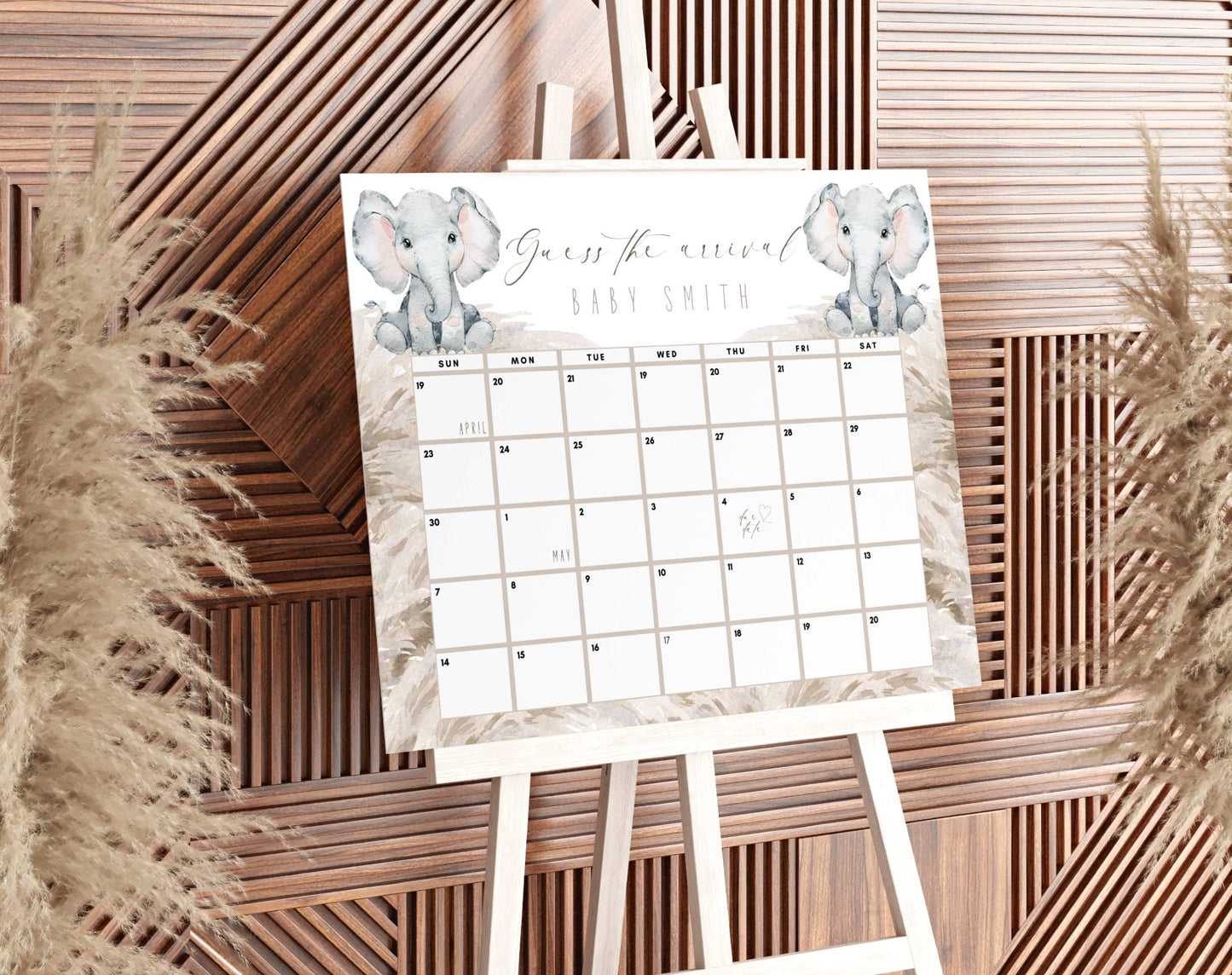 Boho Elephant Baby Shower Due Date Calendar, editable Canva template