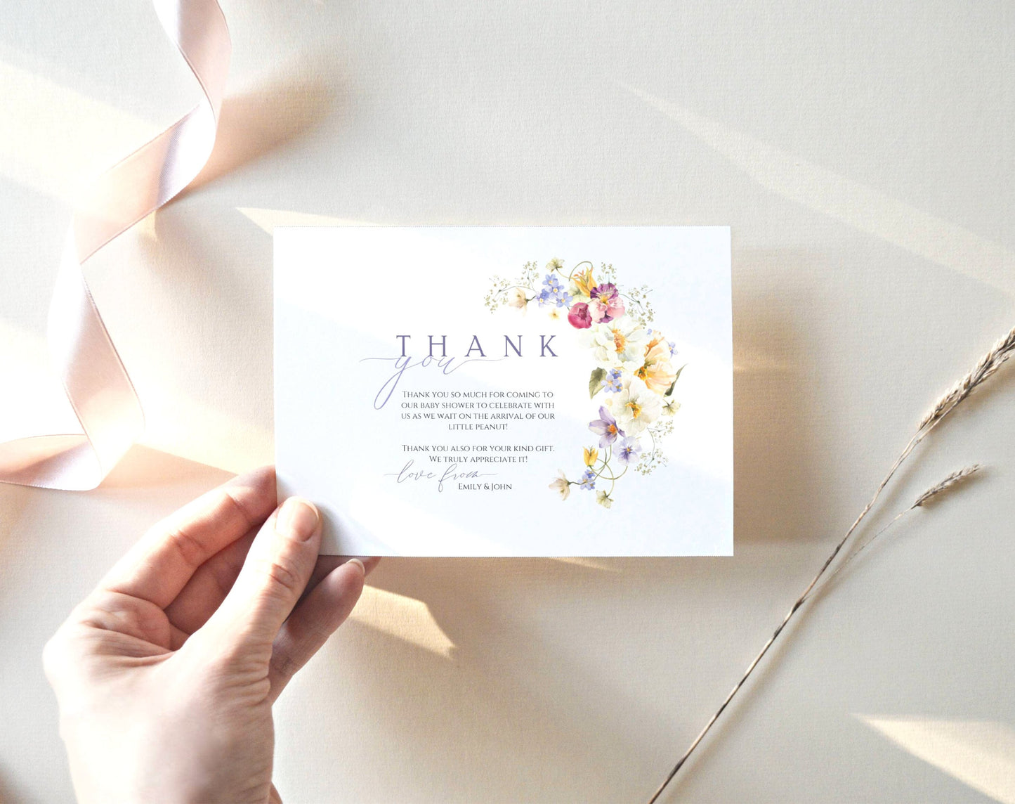 Wildflower Baby Shower Thank You Card, editable Canva template