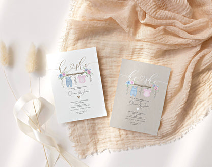 blue, pink, floral, boho and pastel gender reveal invite for a personalized celebration
