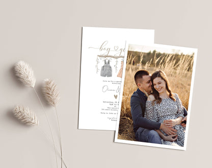Boho baby clothes gender reveal invitation with white and textured background options