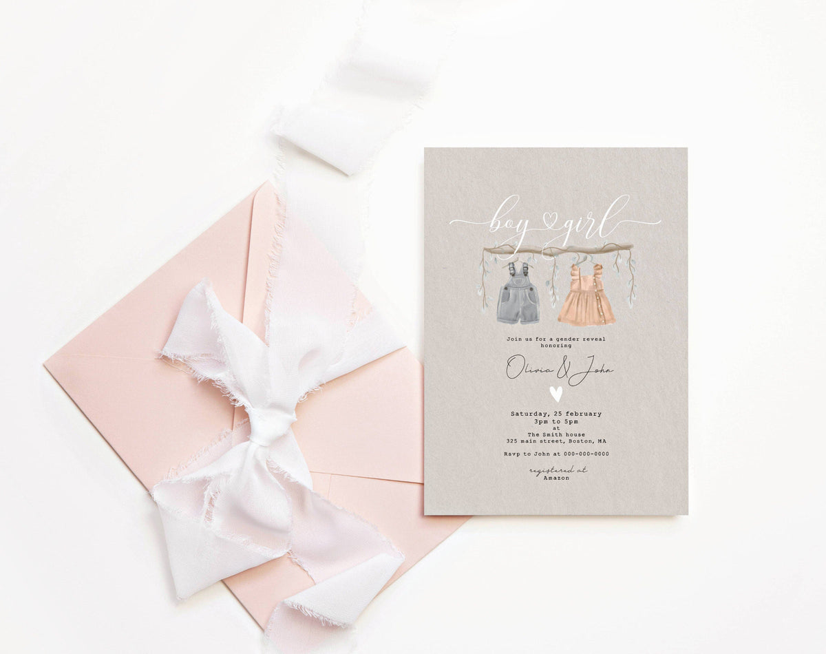 Boho baby clothes gender reveal invitation with white and textured background options