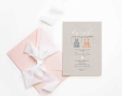 Boho baby clothes gender reveal invitation with white and textured background options