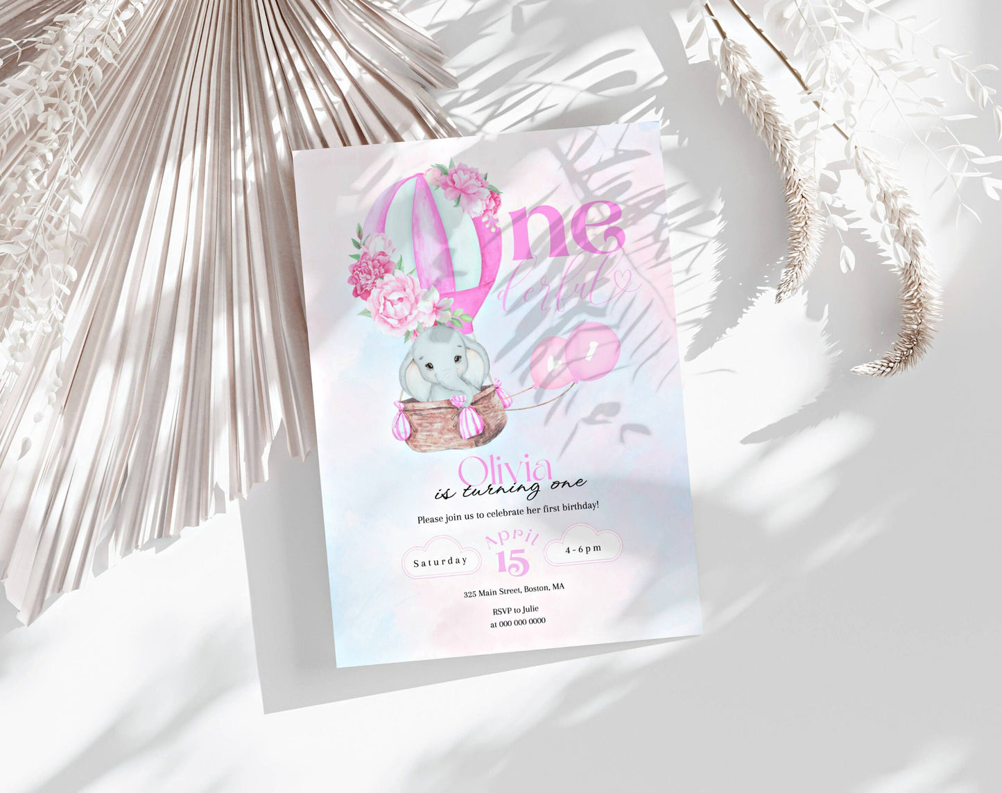 Hot air balloon and baby elephant 1st birthday girl invitation