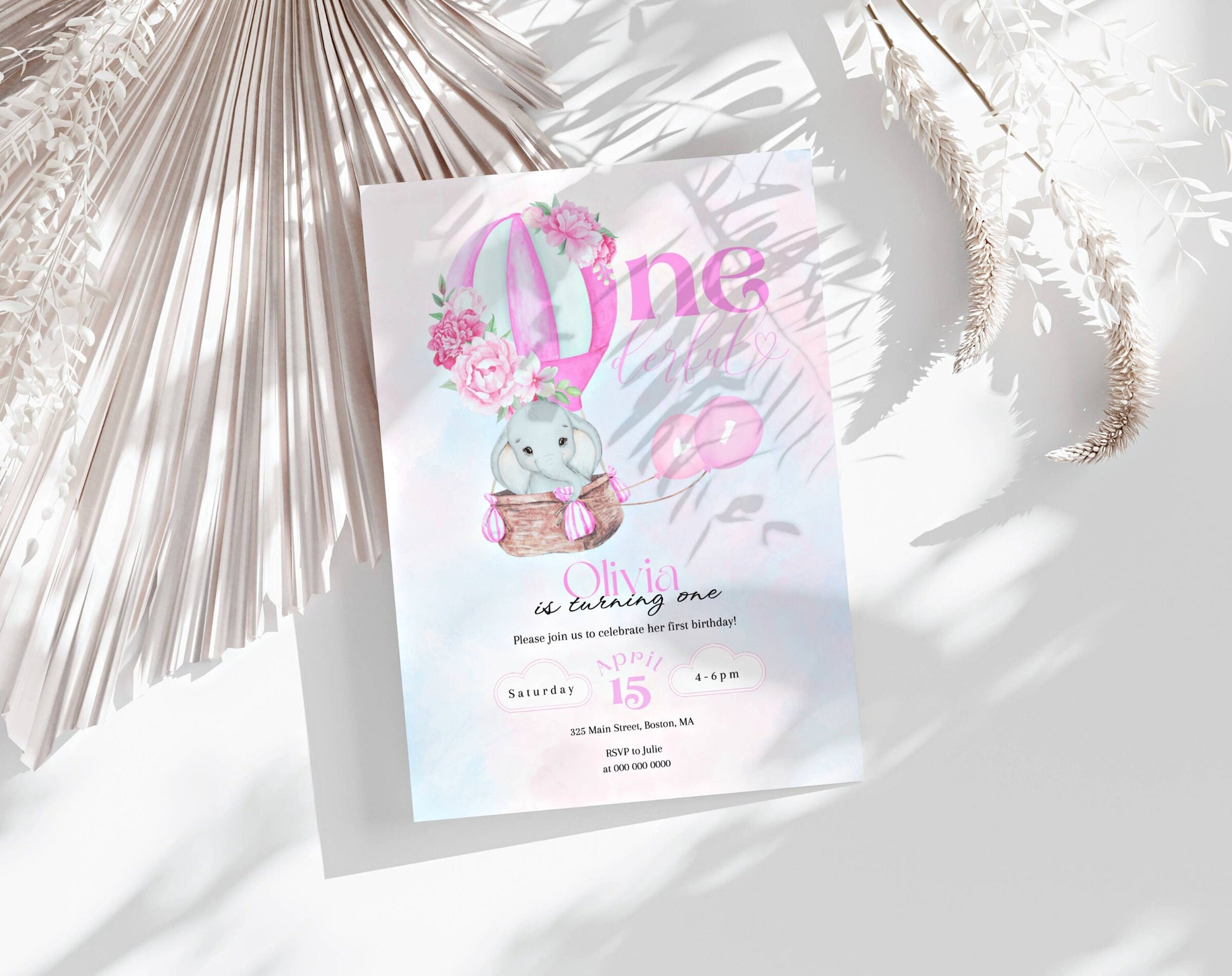 Hot air balloon and baby elephant 1st birthday girl invitation