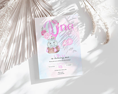 Hot air balloon and baby elephant 1st birthday girl invitation