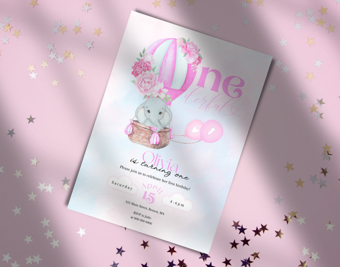 Hot air balloon and baby elephant 1st birthday girl invitation