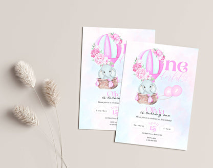 Hot air balloon and baby elephant 1st birthday girl invitation