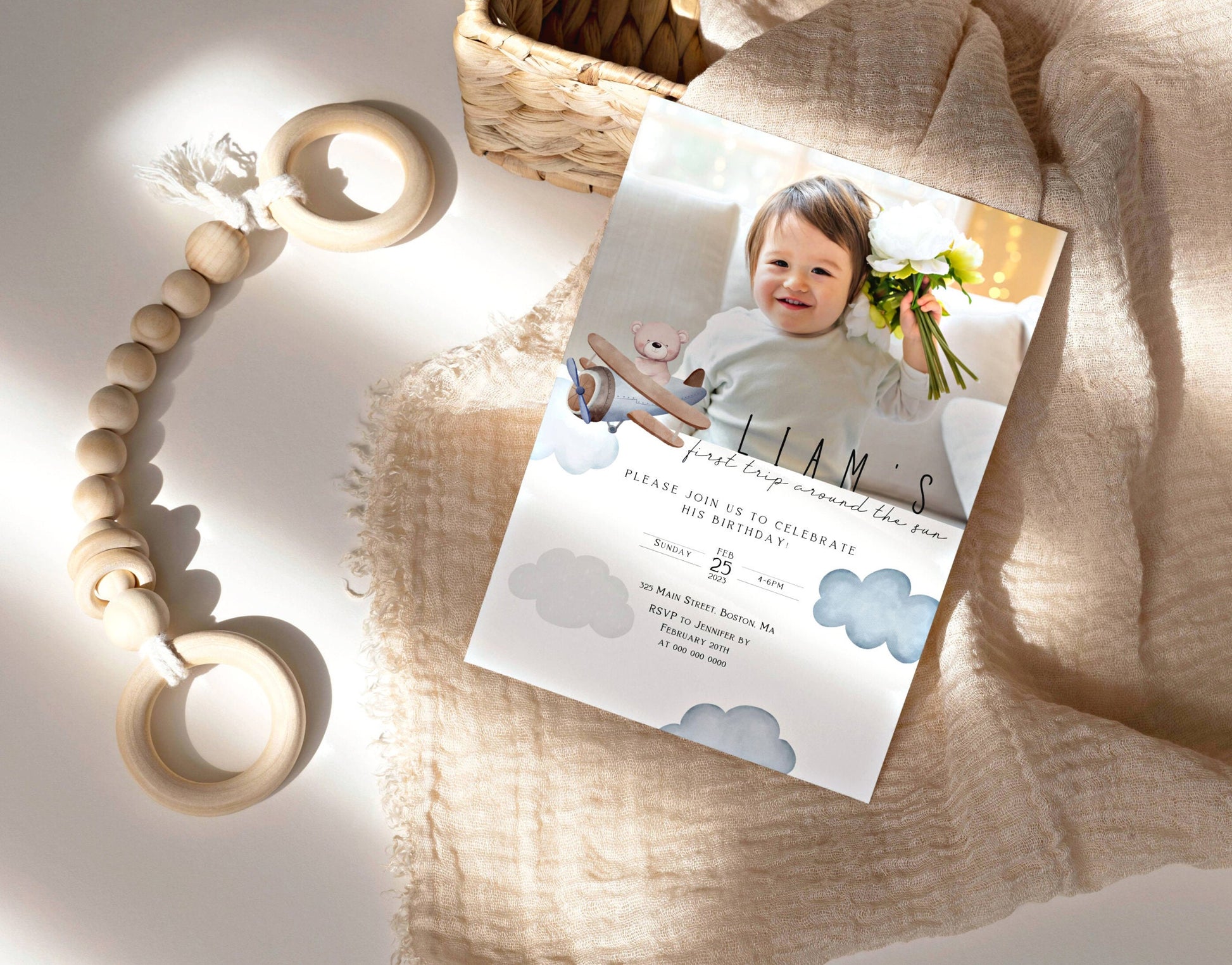 Invitation - Teddy Bear 1st Birthday Boy, editable Canva template