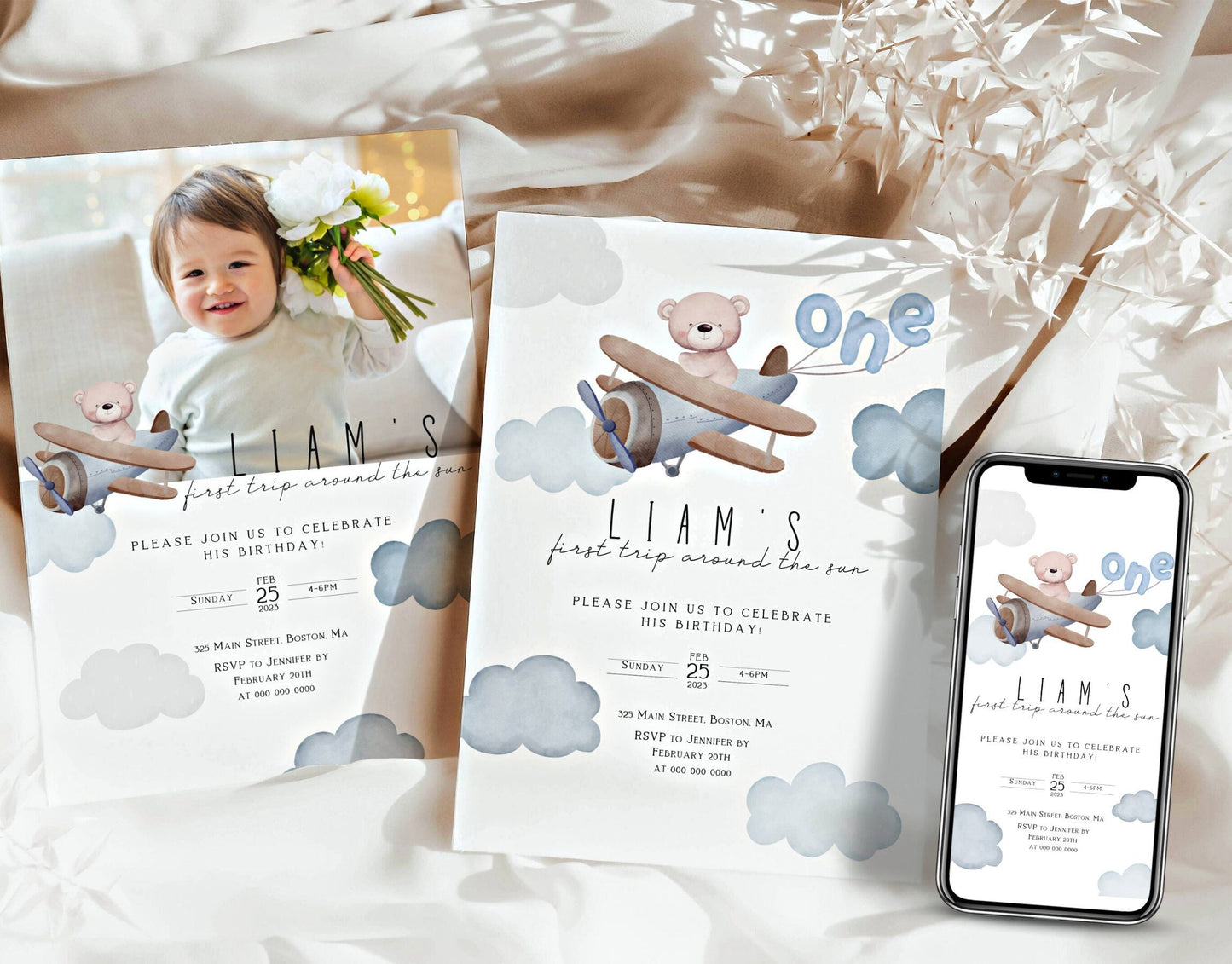 Teddy Bear 1st Birthday Boy Invitation for 1st birthday boy guests and party details